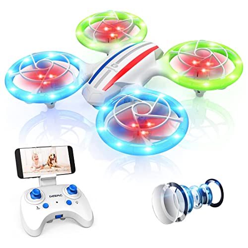 Drones D23 DEERC para niños principiantes, mini dron LED RC con retención de altitud, modo sin cabeza, cuadricóptero con cámara WiFi 720P HD FPV, protección completa de hélice, juguetes de regalo para niños y niñas fáciles de usar